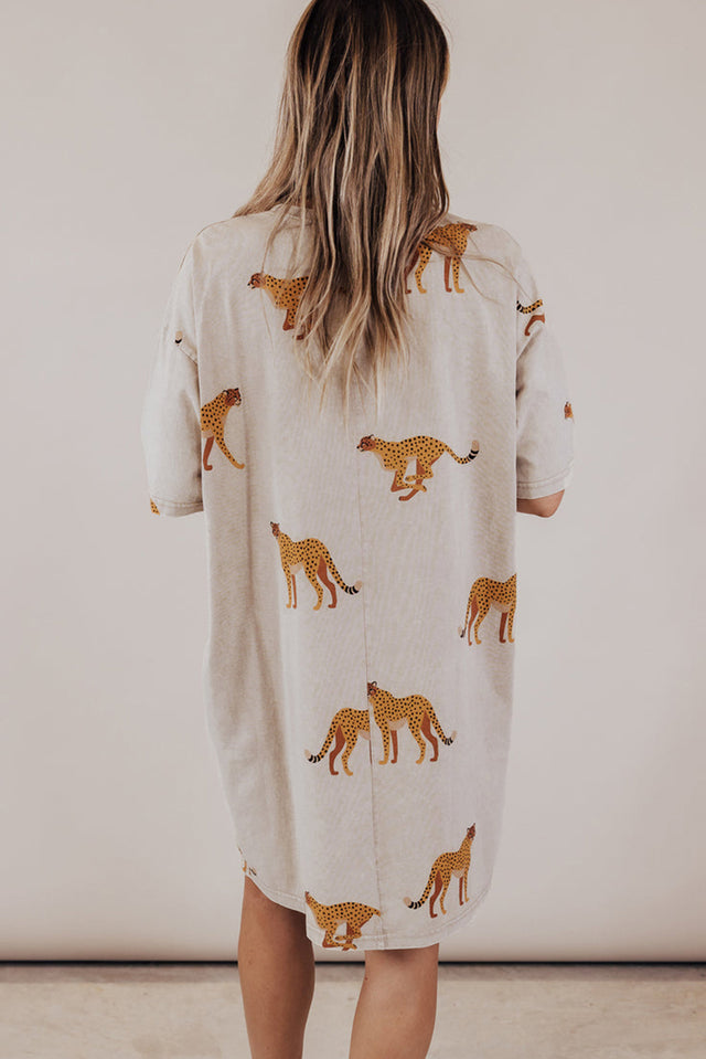 Apricot Plus Size Cheetah Print Side Pockets T Shirt Mini Dress